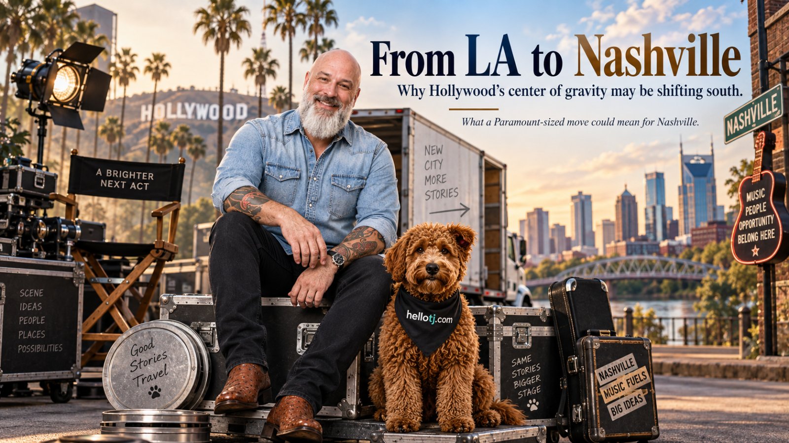 TJ and Bosco with packed road cases, heading from the Hollywood sign to the Nashville skyline