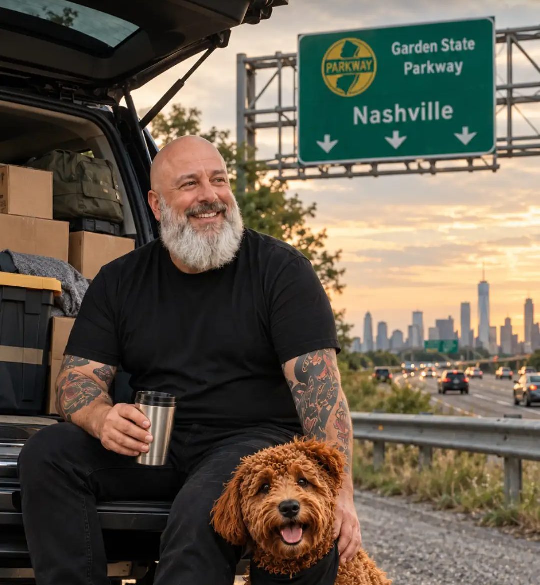 Moving from New Jersey to Nashville, TN — TJ Anderson and Bosco under a Garden State Parkway sign pointing to Nashville