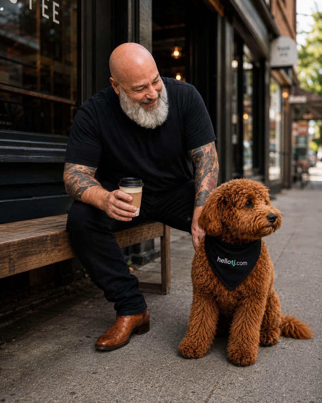 TJ Anderson and Bosco on a Franklin sidewalk