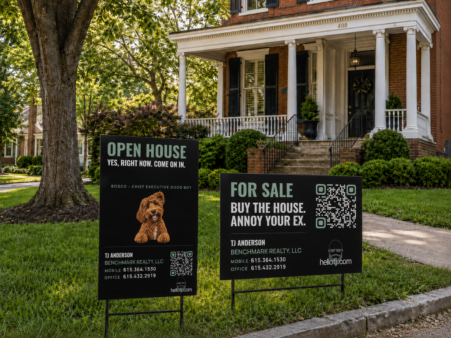 helloTJ open house and for sale yard signs in front of a brick Franklin home