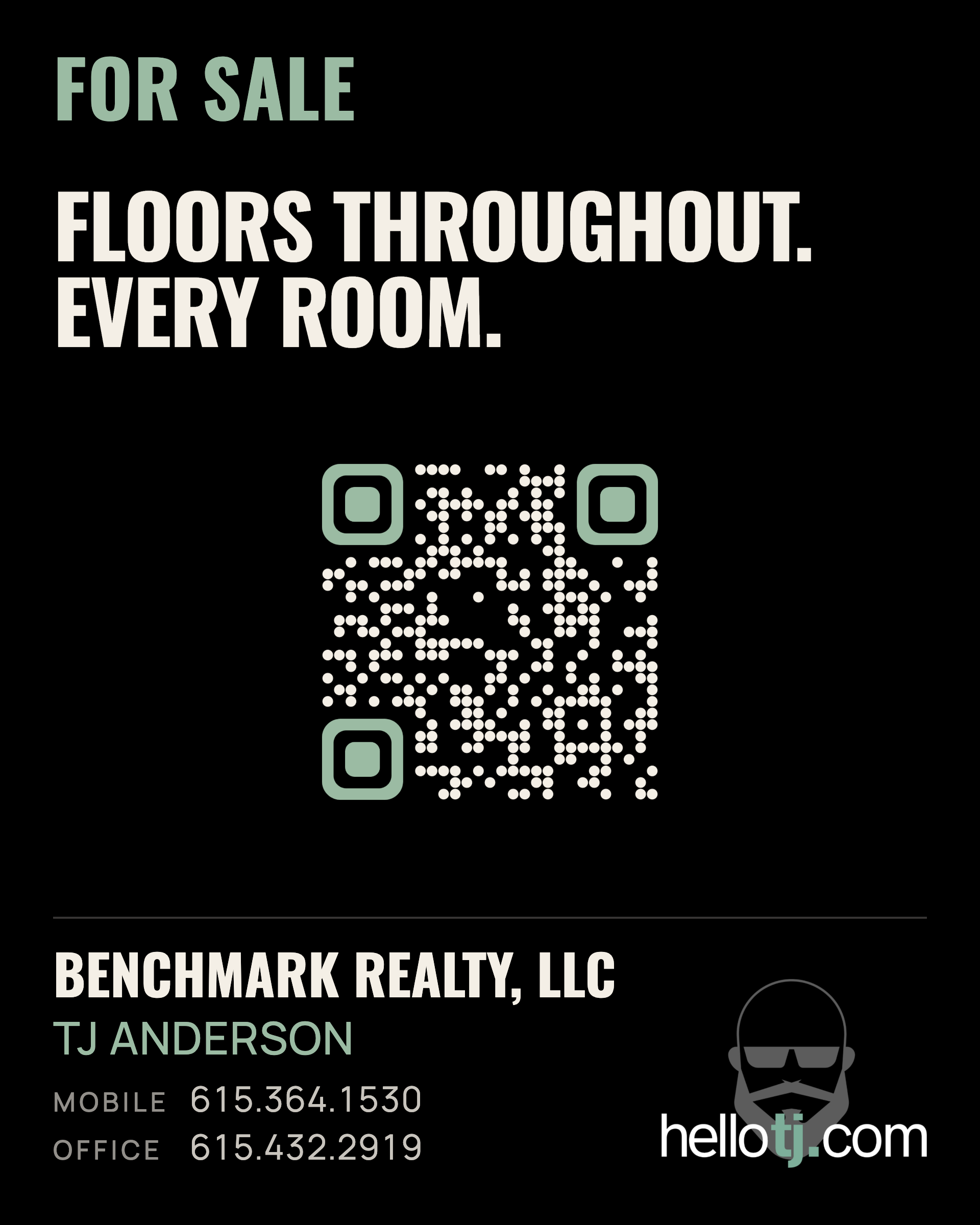 helloTJ yard sign — FOR SALE: Floors throughout. Every room.